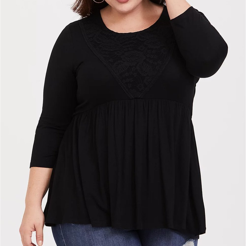 NWT - Torrid - 4x - SUPER SOFT BLACK LACE BABYDOLL TEE
